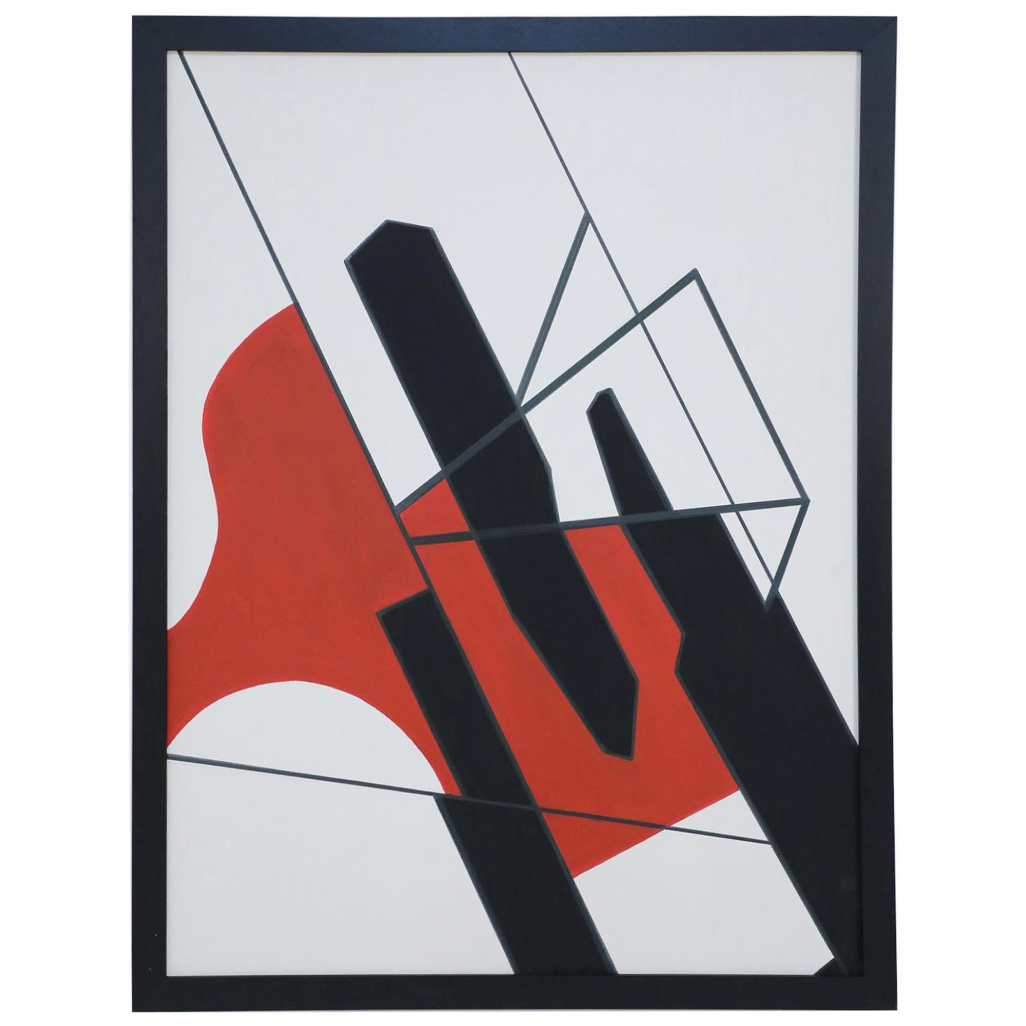 Framed Acrylic Abstract Painting of Geometric Shapes in Black, Red, and White