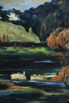 Quadro di paesaggio in acrilico incorniciato con edifici in riva al lago in autunno