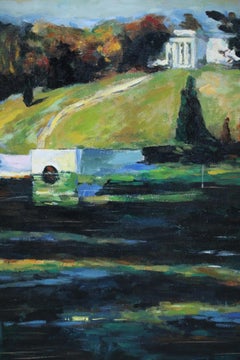 Quadro di paesaggio in acrilico incorniciato con edifici in riva al lago in autunno