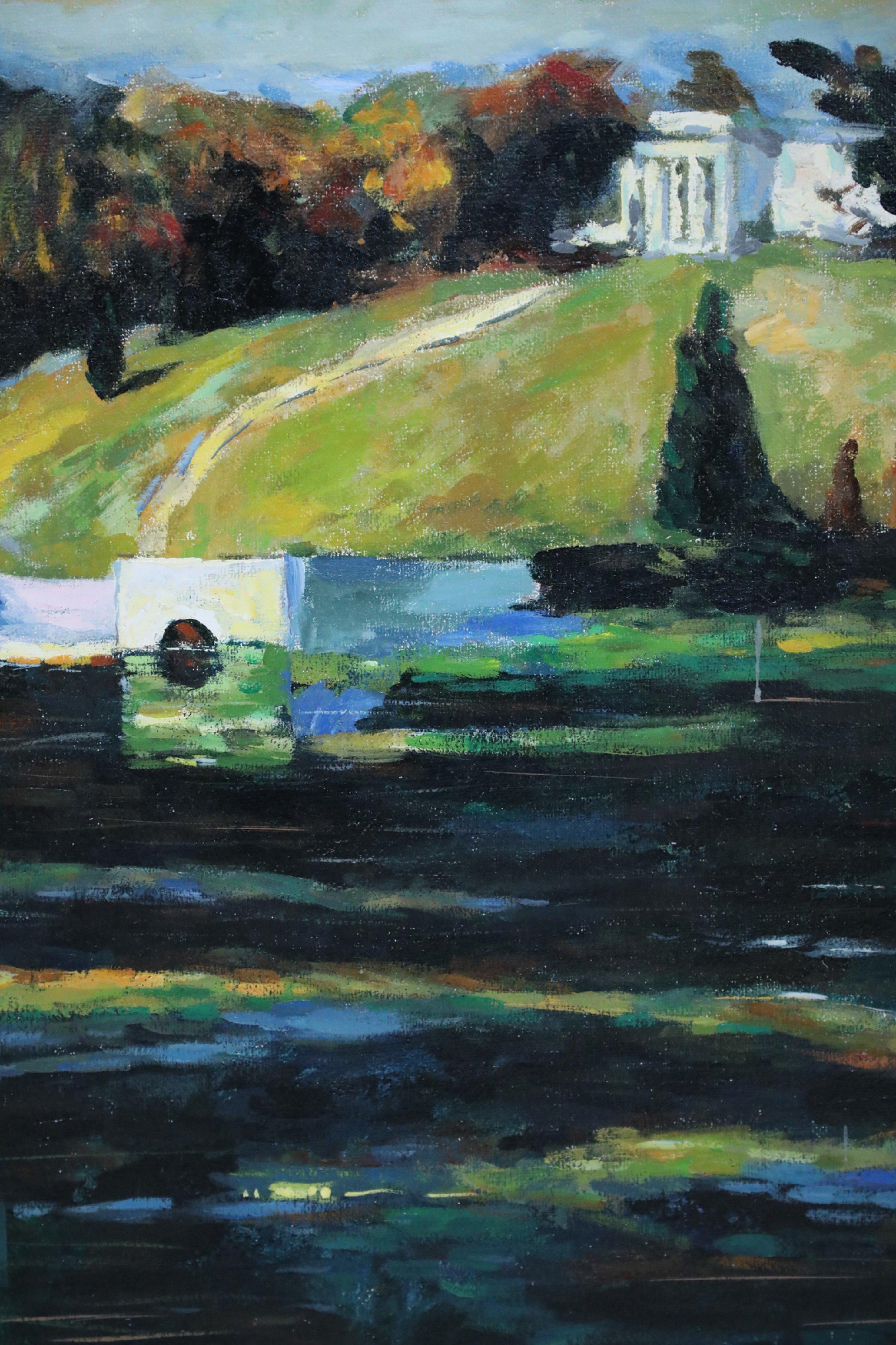 Mid-Century Modern Peinture de paysage encadrée à l'acrylique représentant des immeubles de bord de lac à l'automne en vente
