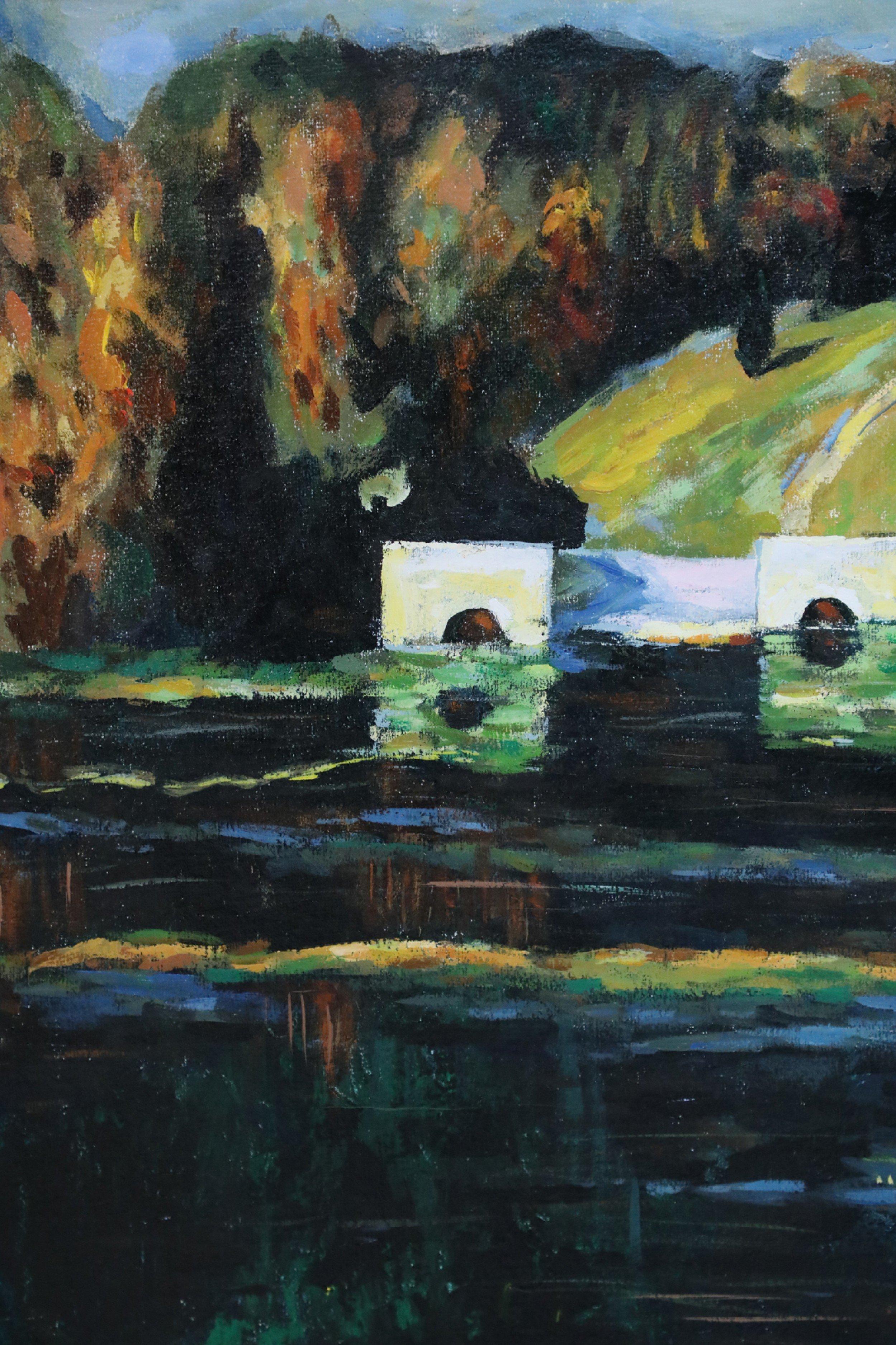 Américain Peinture de paysage encadrée à l'acrylique représentant des immeubles de bord de lac à l'automne en vente