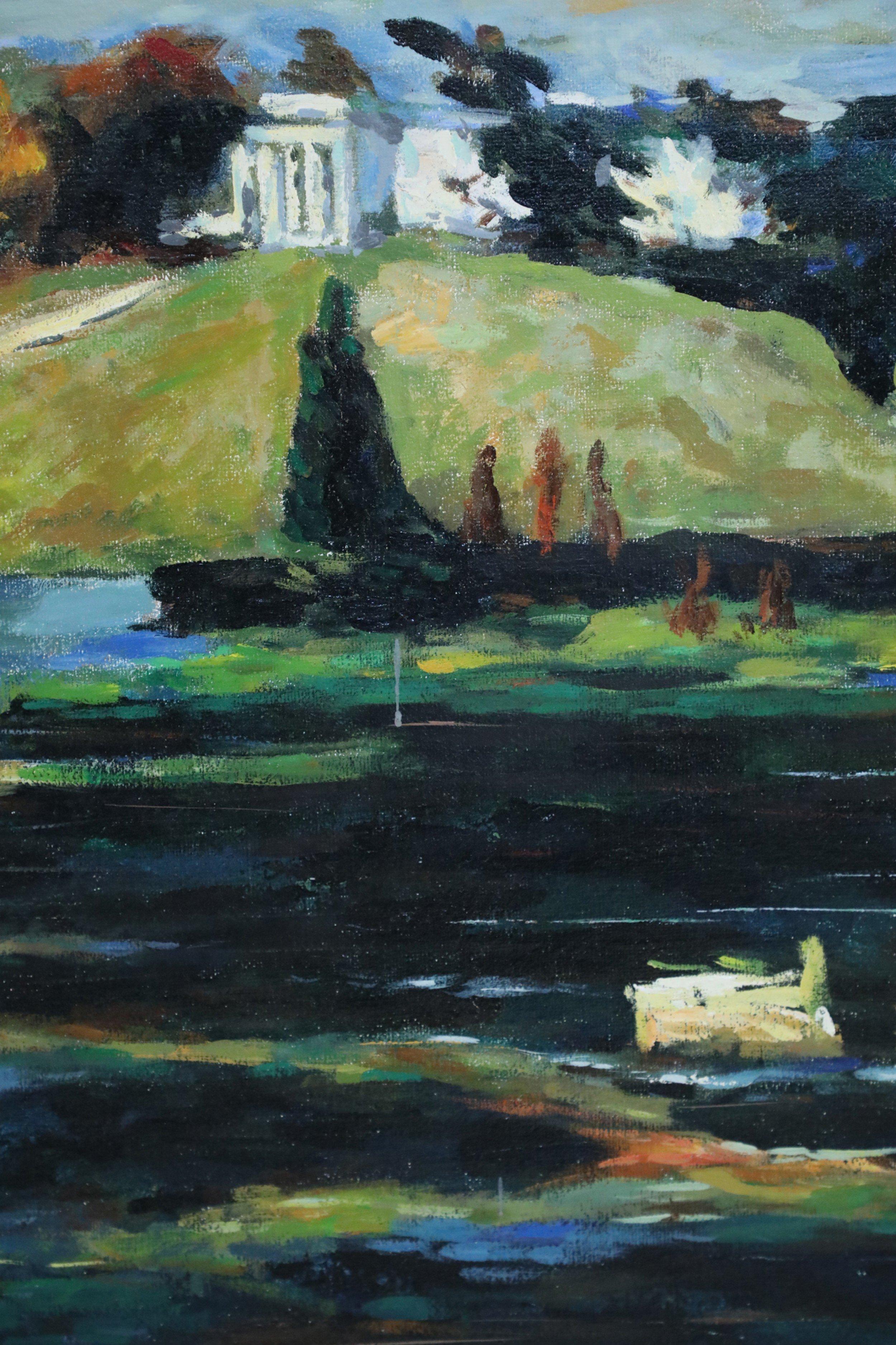 Peinture de paysage encadrée à l'acrylique représentant des immeubles de bord de lac à l'automne Bon état - En vente à New York, NY