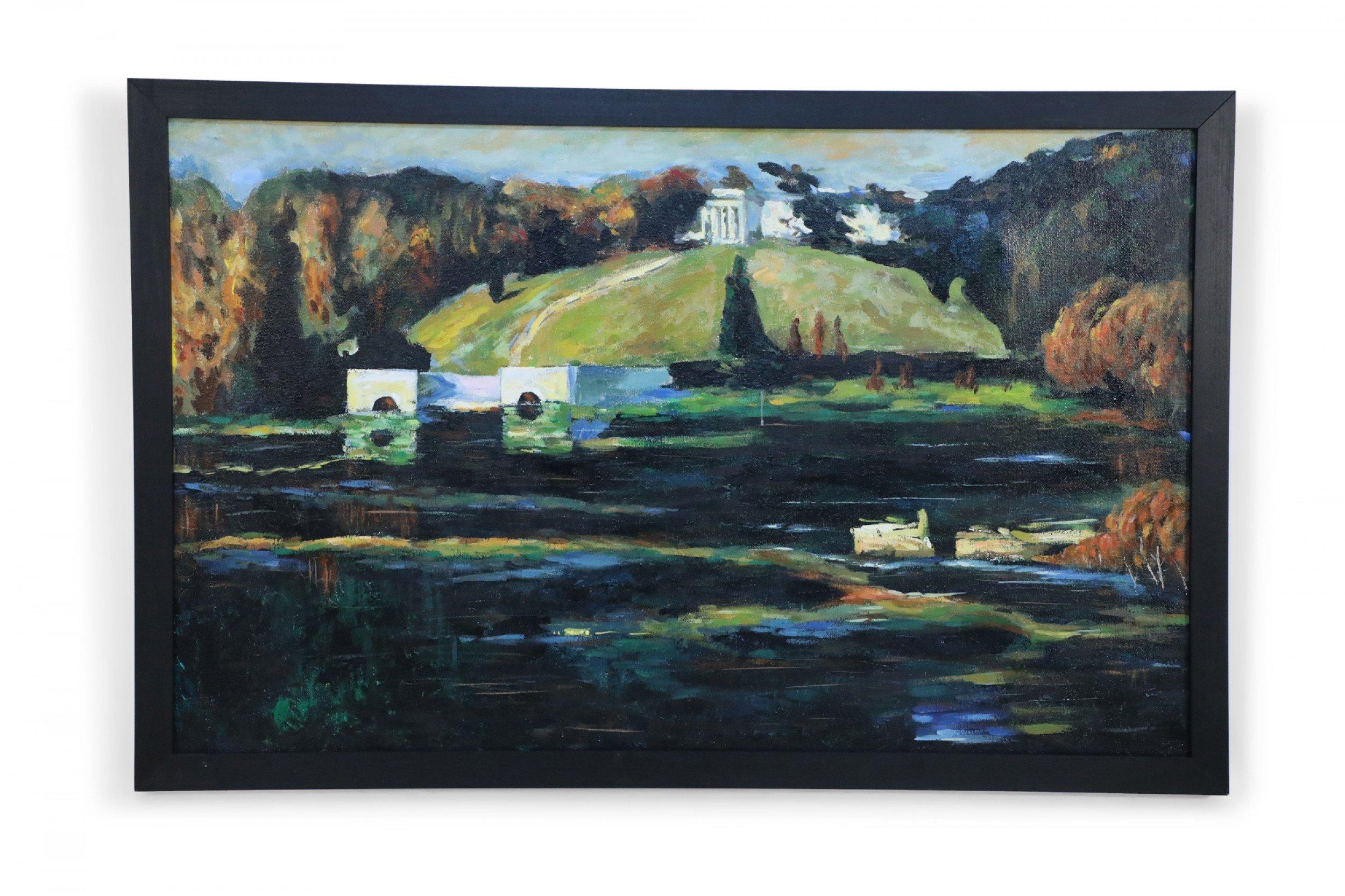 Canvas Framed Acrylic Landscape Painting of Lakeside Buildings in Autumn For Sale