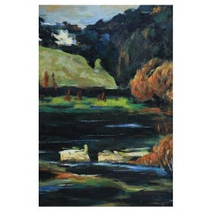 Peinture de paysage encadrée à l'acrylique représentant des immeubles de bord de lac à l'automne