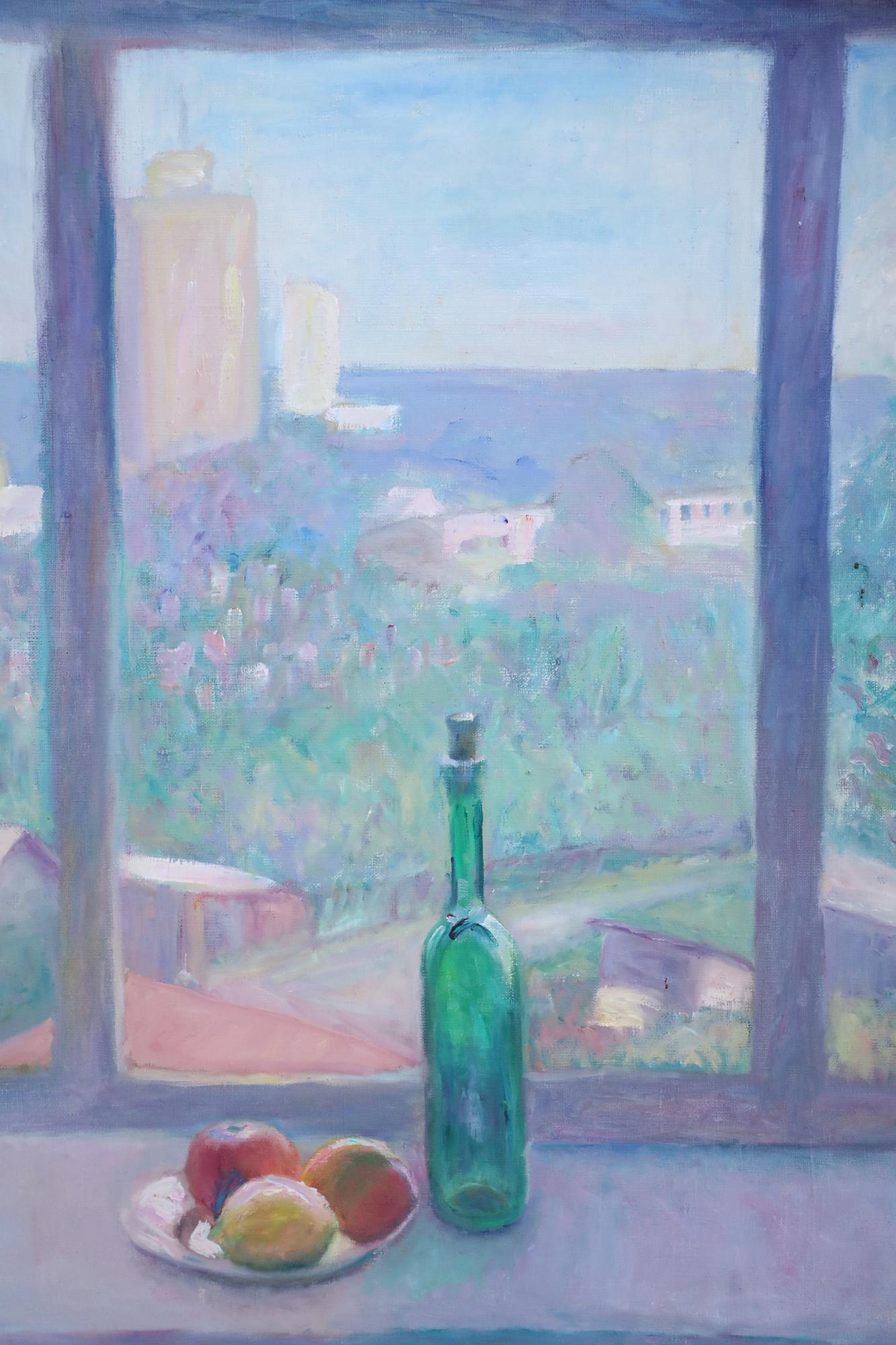 Mid-Century acrylic still life painting depicting a wine bottle and a plate of fruit on a windowsill in the foreground, overlooking a garden and village scene through the window beyond on rectangular canvas in an antiqued silver painted frame.
 