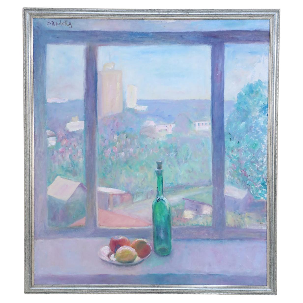 Nature morte à l'acrylique encadrée représentant une bouteille de vin et des fruits sur un rebord de fenêtre Ov en vente