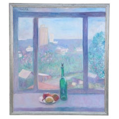 Vintage Framed Acrylic Still Life Painting of a Wine Bottle and Fruit on a Windowsill Ov