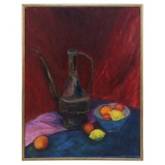 Gerahmtes Acryl-Stillleben mit gelben und orangefarbenen Zitronenfrüchten und einer Pfeile