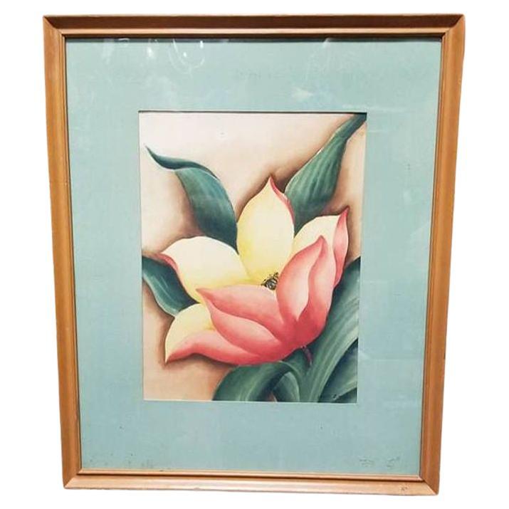 Framed Airbrush on Paper Hibiscus Tropical Floral by Jane Boyd, 1948