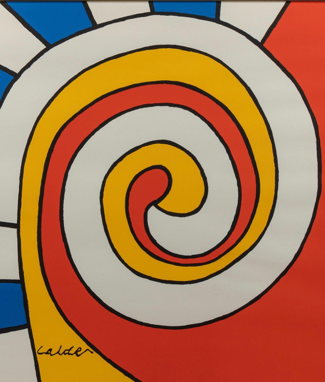 Framed vintage exhibition poster by Alexander Calder. The exhibit was entitled: Homage to Calder, and held at the Jerusalem Museum in Israel. The image features the Classic primary color composition with spiral image and blue and white stripes in