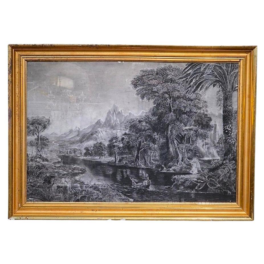 Framed American Folk Art Sandpaper Drawing After Thomas Cole, 1840s en venta