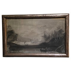 Disegno su carta vetrata di arte popolare americana incorniciato Lake George 1850 Firmato
