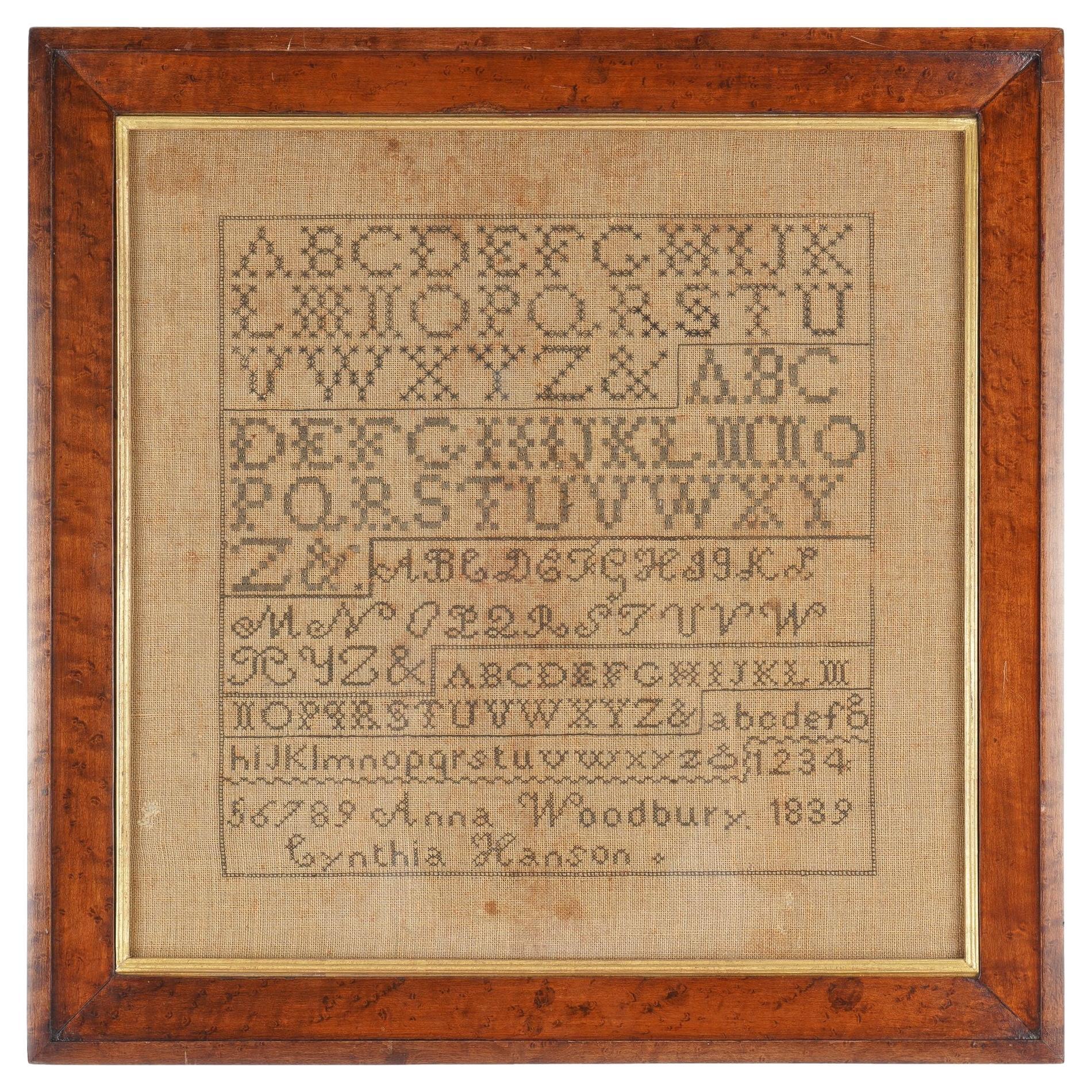 Framed American needle work sampler by Anna Woodbury, 1839 For Sale
