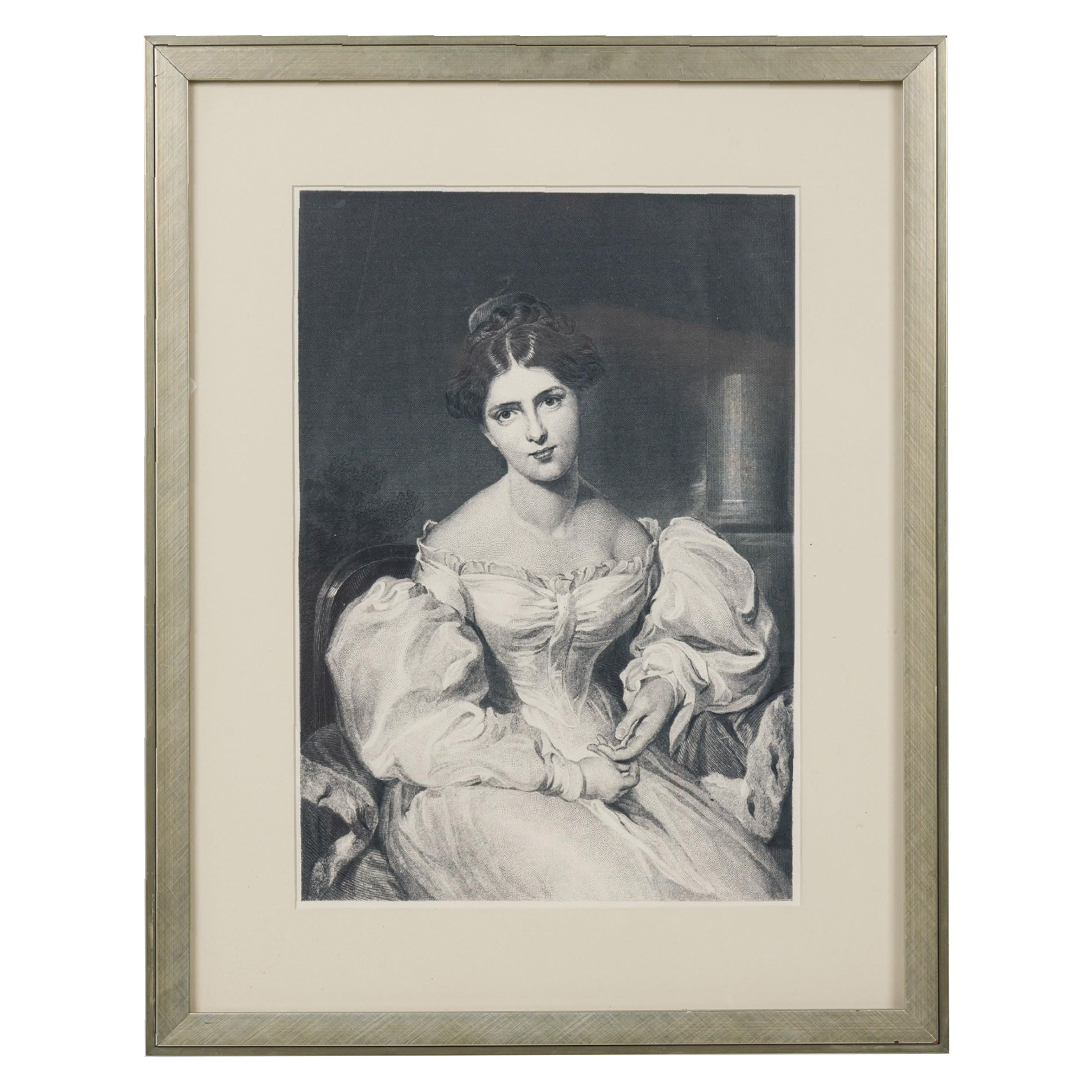 Framed American Print of an Engraved Portrait Depicting a Lady in Blouson Dress