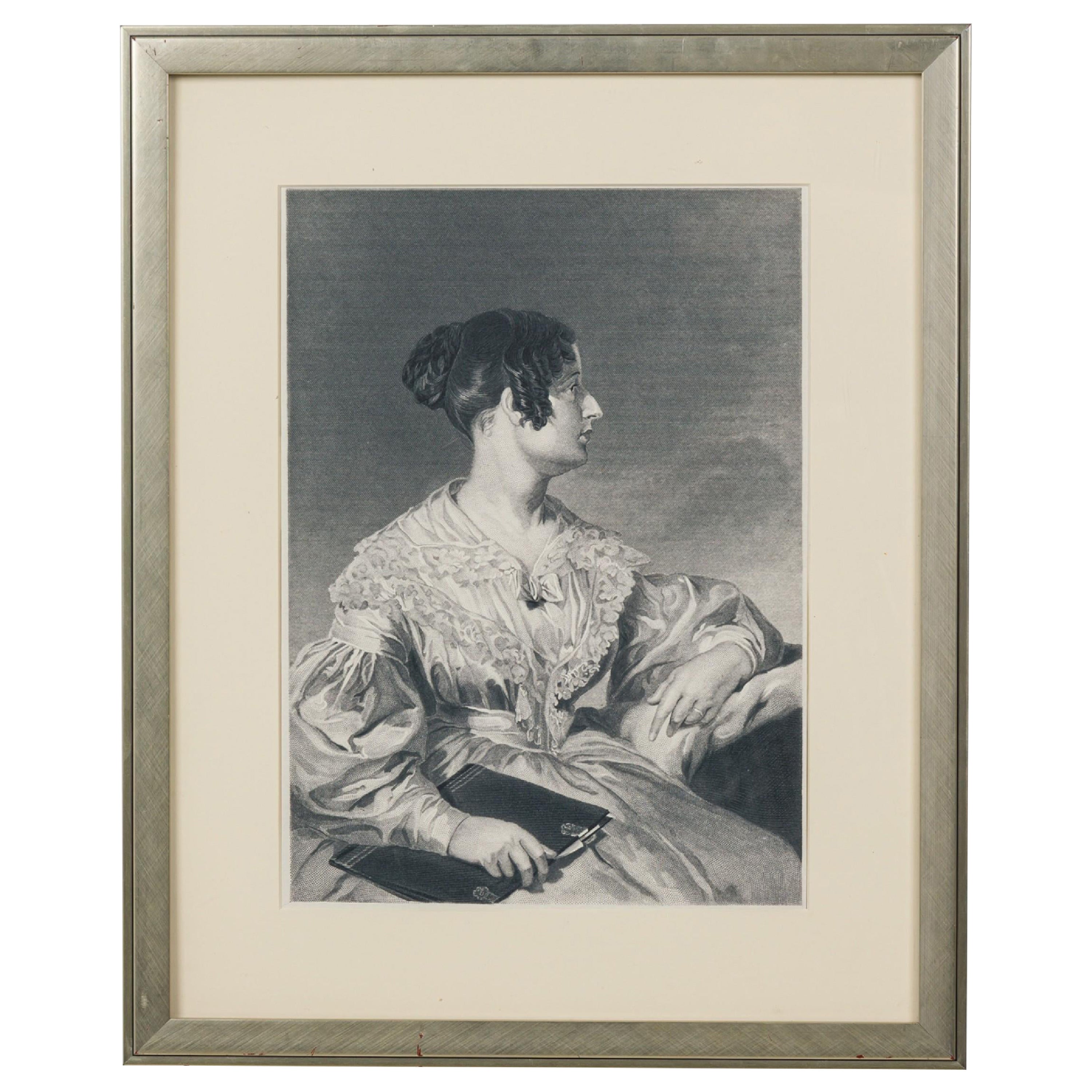 Framed American Print of an Engraved Portrait Depicting a Seated Lady in Profile