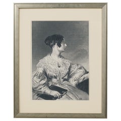 Framed American Print of an Engraved Portrait Depicting a Seated Lady in Profile