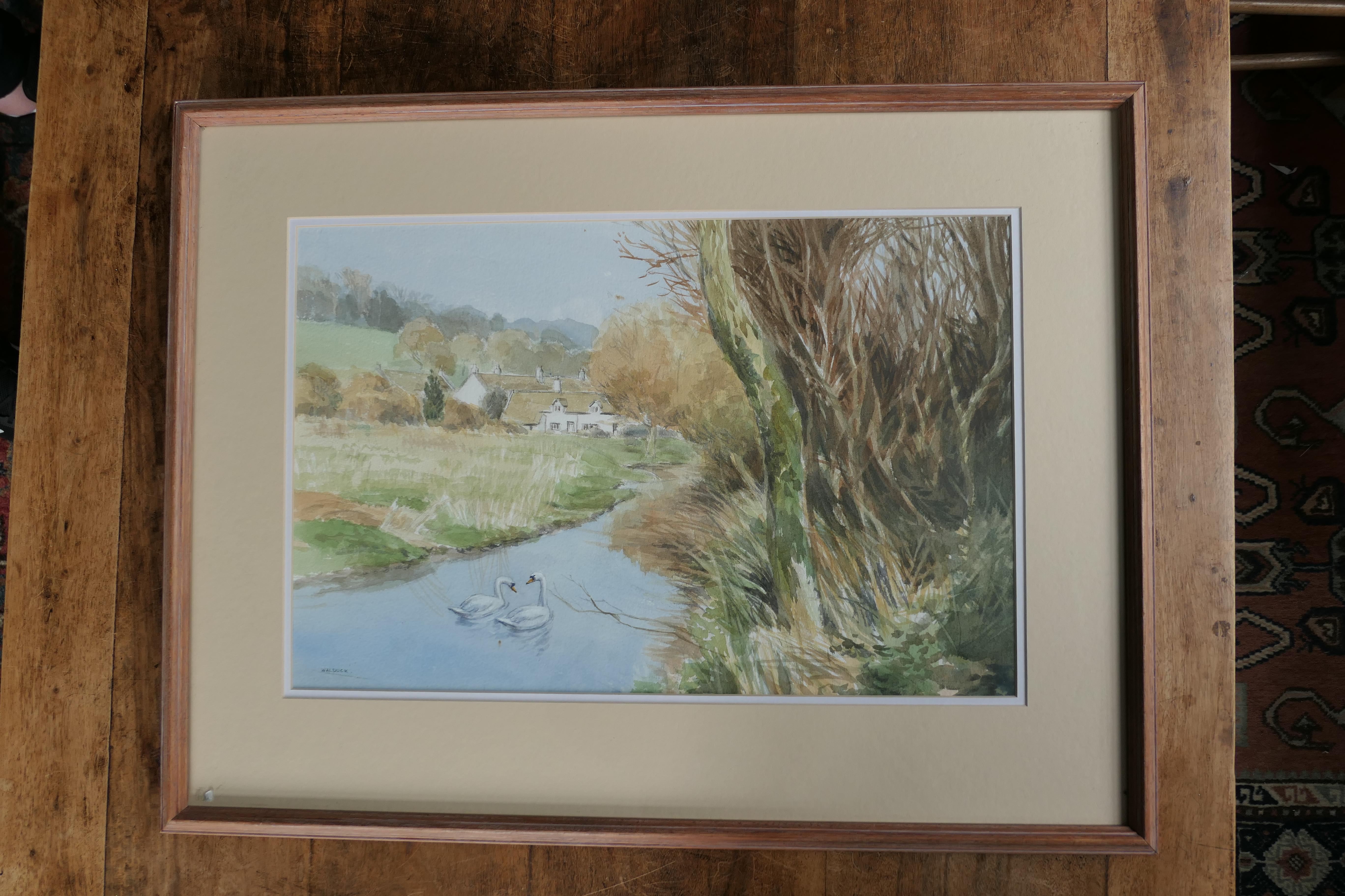 Encre et aquarelle encadrées et émaillées de Desmond Walduck 

 Walduck est un dessinateur de bande dessinée connu pour son travail sur Dan Dare 1920-1995
Ce tableau représente des cygnes et est placé dans un cadre en bois moulé. Le tableau est