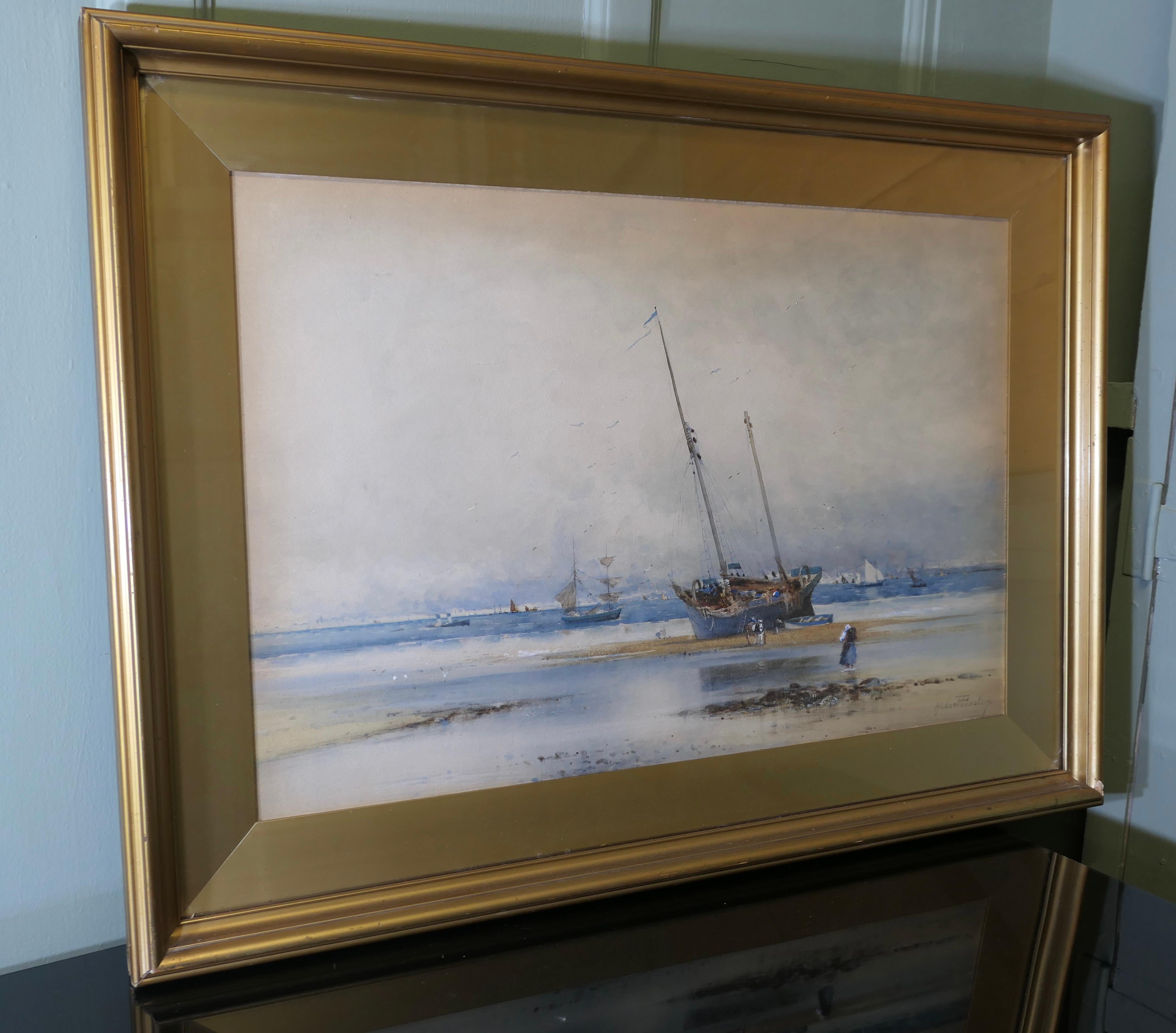 Gerahmtes und glasiertes Aquarell signiert Albert Procter

Ein großes Aquarell signiert Albert Procter, ein Werk des späten 19. Jahrhunderts. Eine Szene am Meer/Strand mit Booten, Pferden und Fischern in traditioneller Kleidung. Das Gemälde ist vom