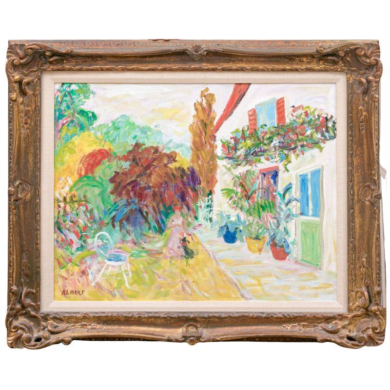 20ième siècle Peinture à l'huile « Woman in Garden » encadrée et signée Albert en vente