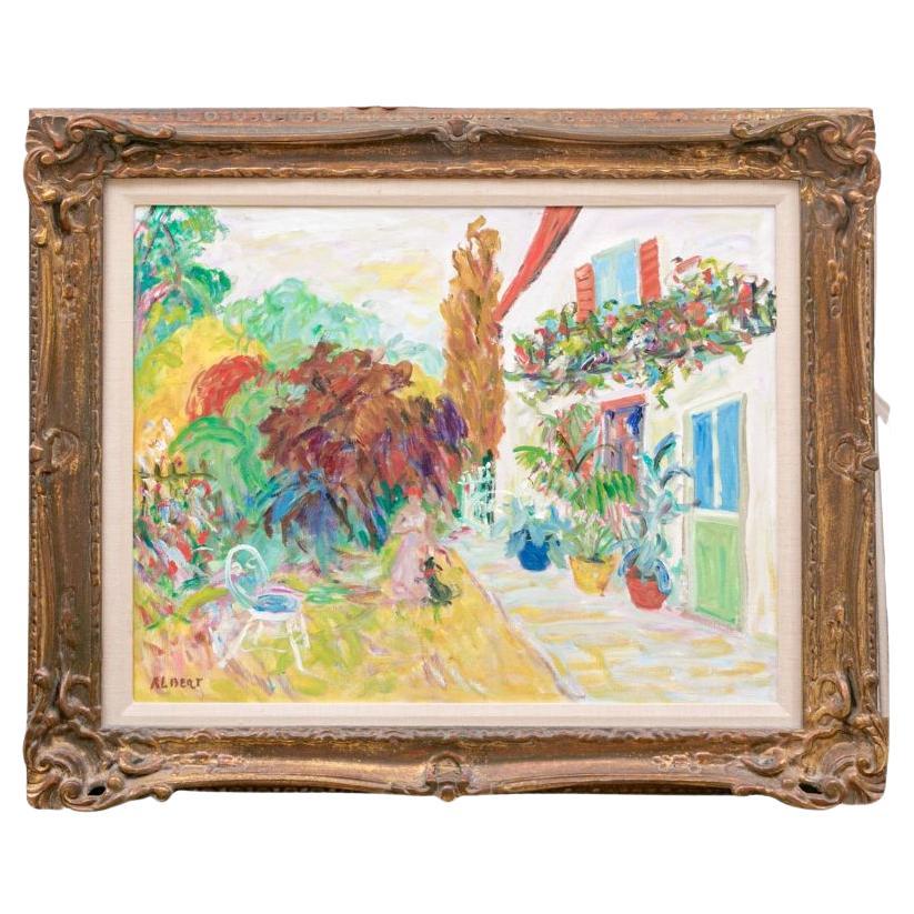 Peinture à l'huile « Woman in Garden » encadrée et signée Albert en vente