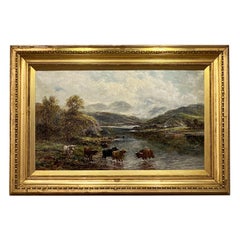 Peinture à l'huile anglaise encadrée et signée d'un paysage de rivière par Andrew Lennox