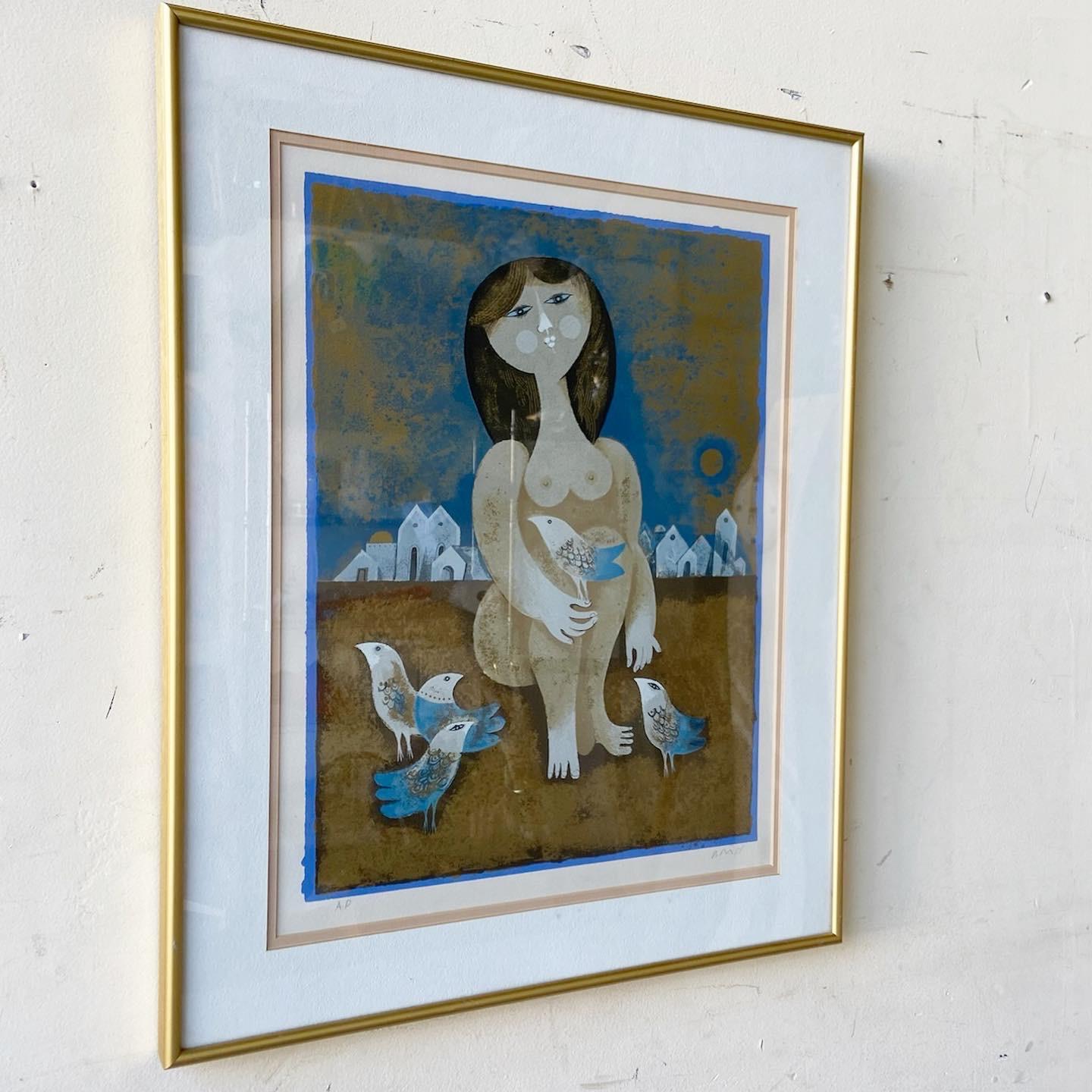 Außergewöhnliche signierte und gerahmte Lithographie von Sam Briss. Mit einer surrealen Darstellung einer nackten Frau mit Vögeln.
