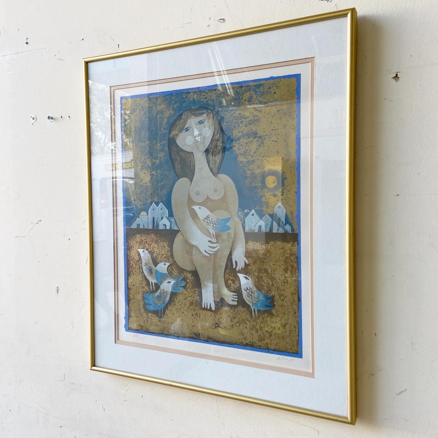 Mid-Century Modern Framed and Signed Lithograph by Sam Briss For Sale