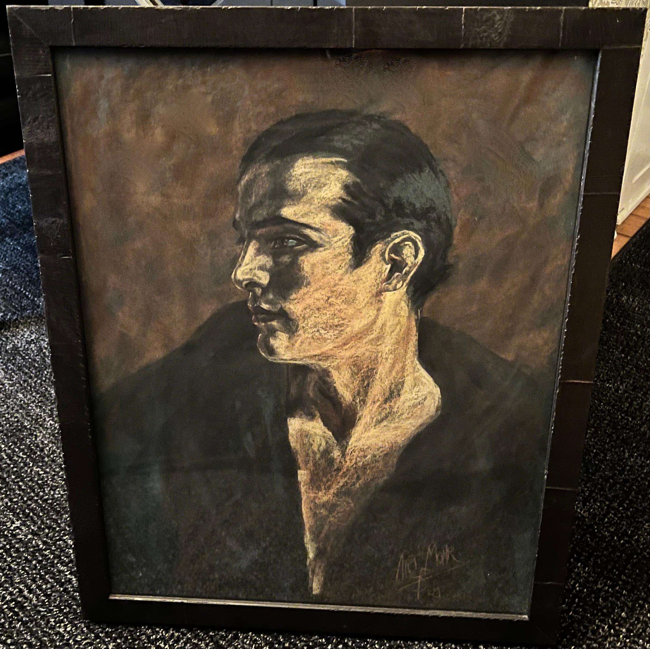 A hand done signed Pastel of Rudolph Valentino - nice detailing and dynamic image - a compliment to many rooms. The frame is of wood and uniquely a bit brutalist - all I n very good condition.
