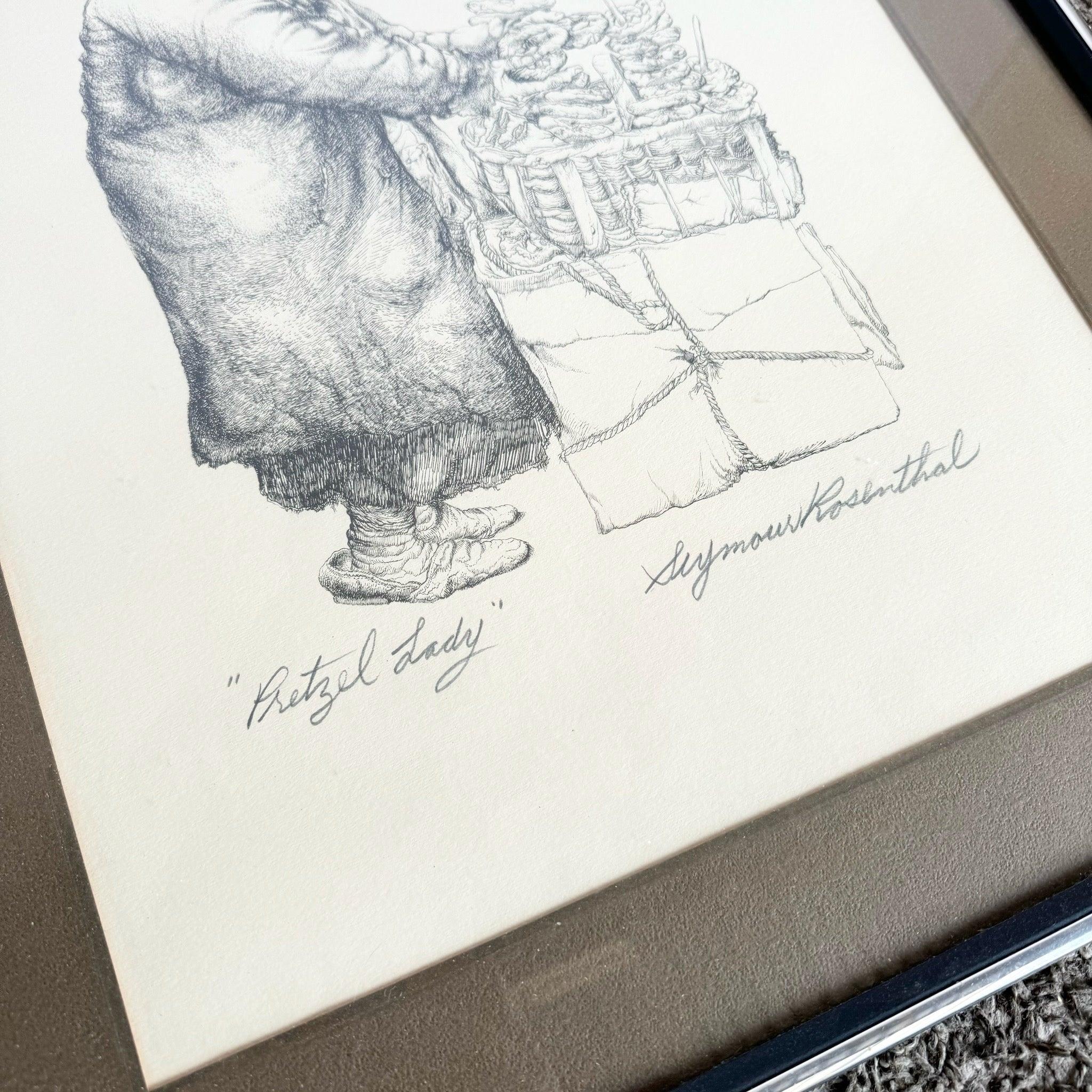 Framed and Signed “Pretzel Lady” Lithograph by Seymour Rosenthal In Good Condition For Sale In Delray Beach, FL