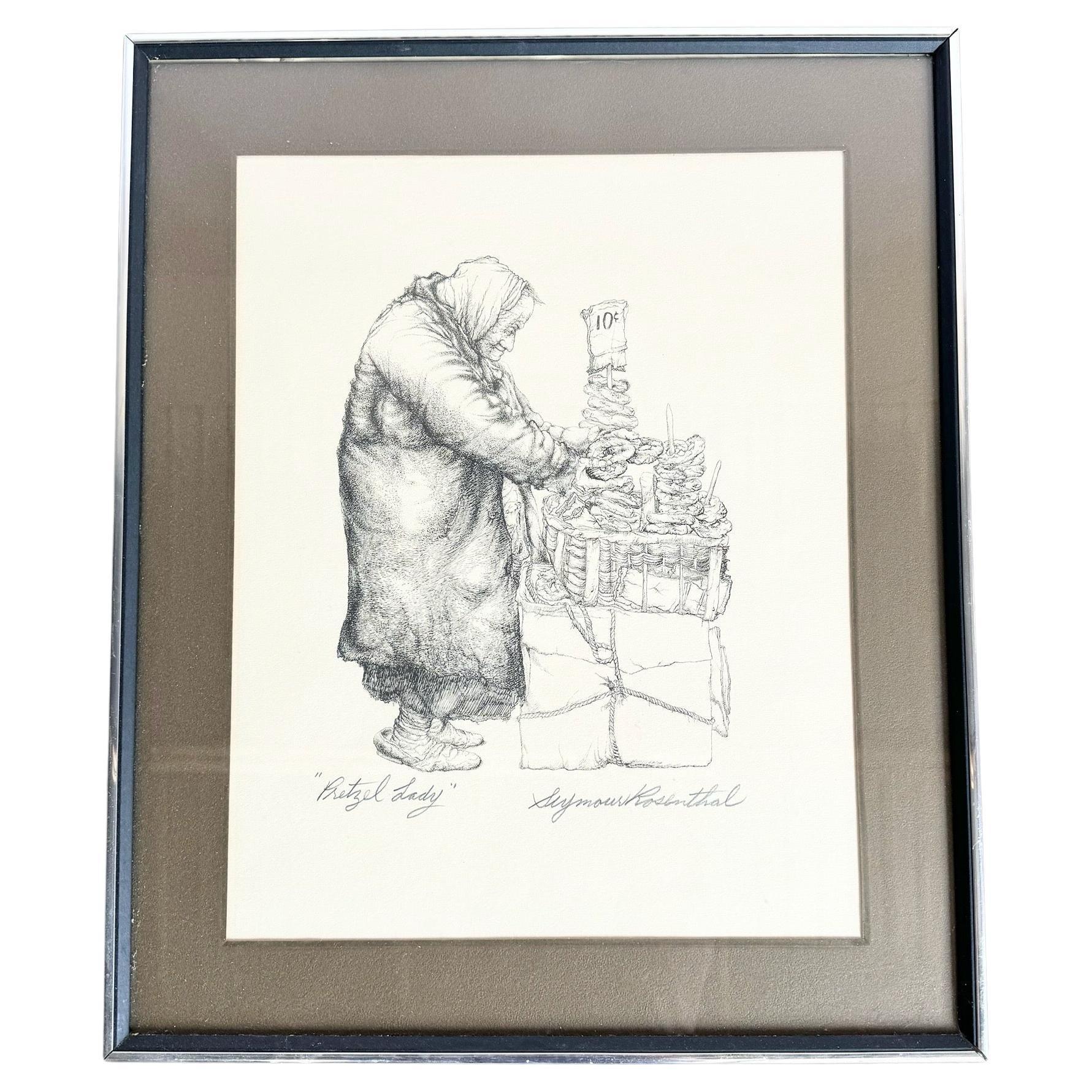 Framed and Signed “Pretzel Lady” Lithograph by Seymour Rosenthal