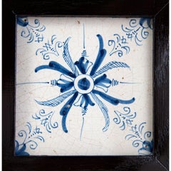 Framed Antique 17th-Century Dutch Delft Floral Aigrette Tile