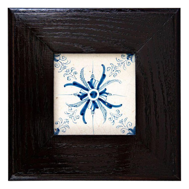Framed Antique 17th-Century Dutch Delft Floral Aigrette Tile