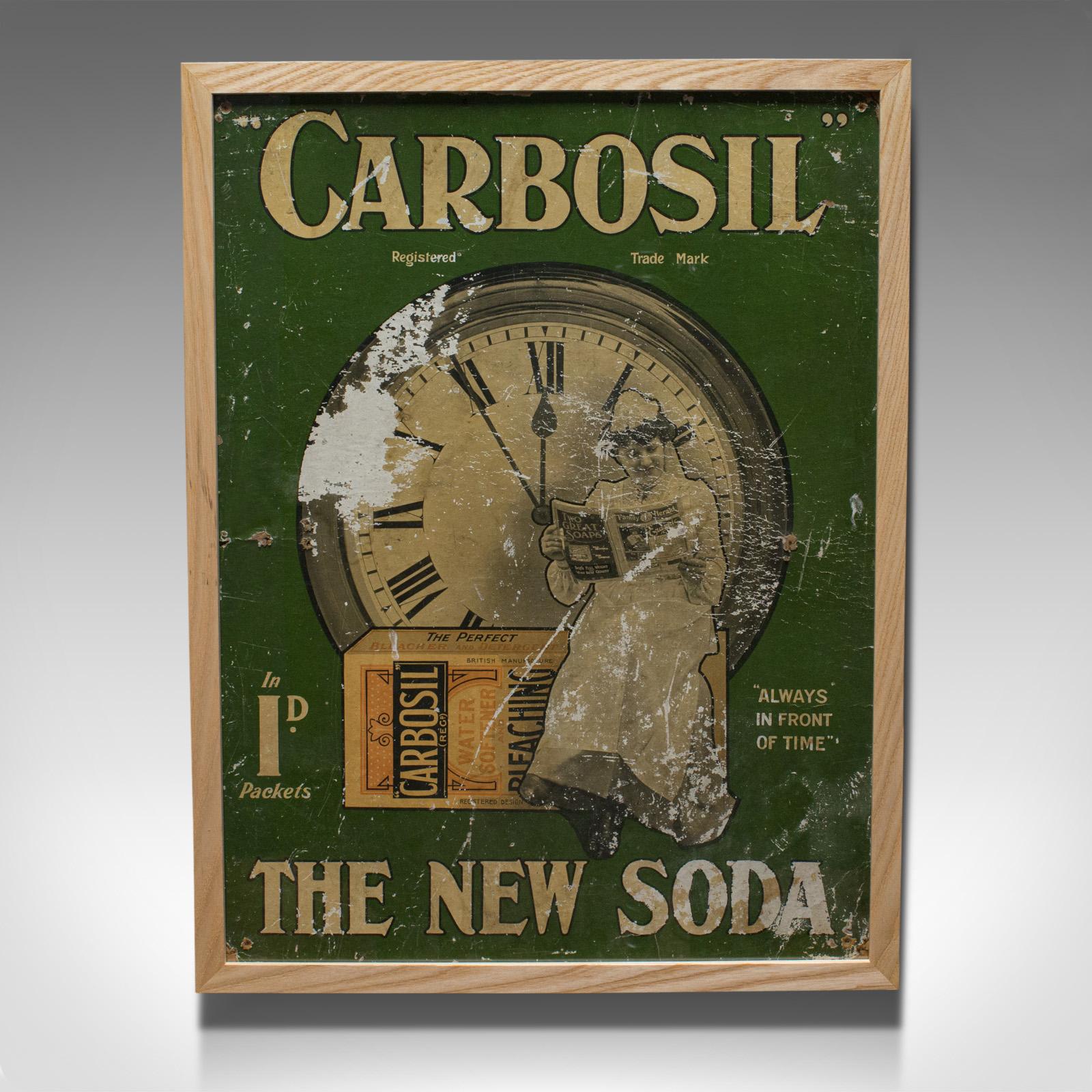This is a framed antique advertisement. An English, advertising poster for Carbosil soap, dating to the Victorian period, circa 1900.

Appealing period retail advertising
Displays a desirable aged patina
Professionally framed behind glass and