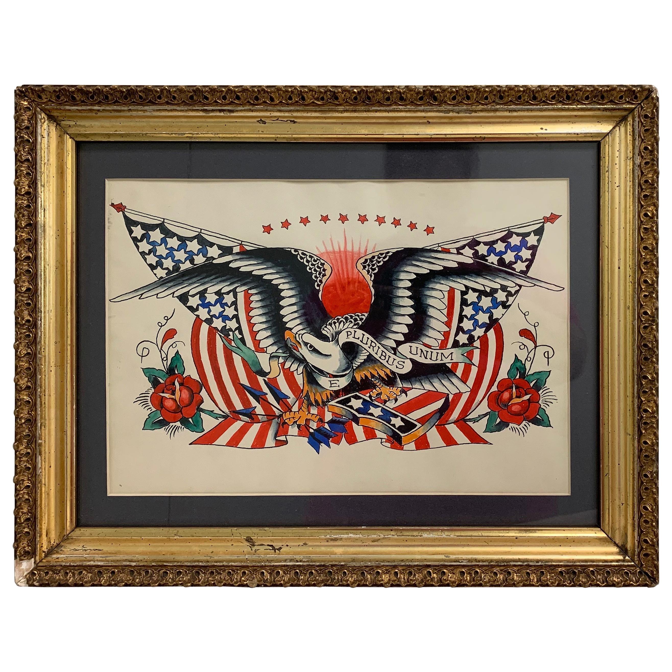 Framed antique American Folk Art tattoo art eagle wall art. Frame has overall wear, chips and should be re-framed.