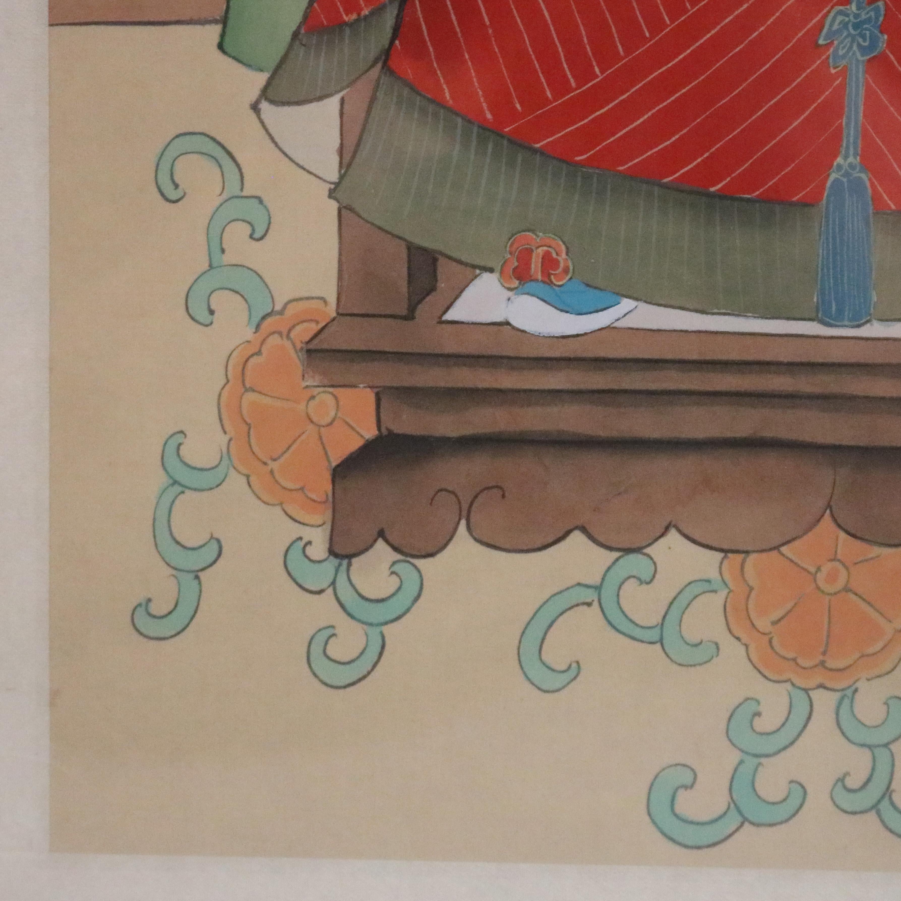 Framed Antique Chinese Ancestral Portrait Prints of Man and Woman, circa 1920 9