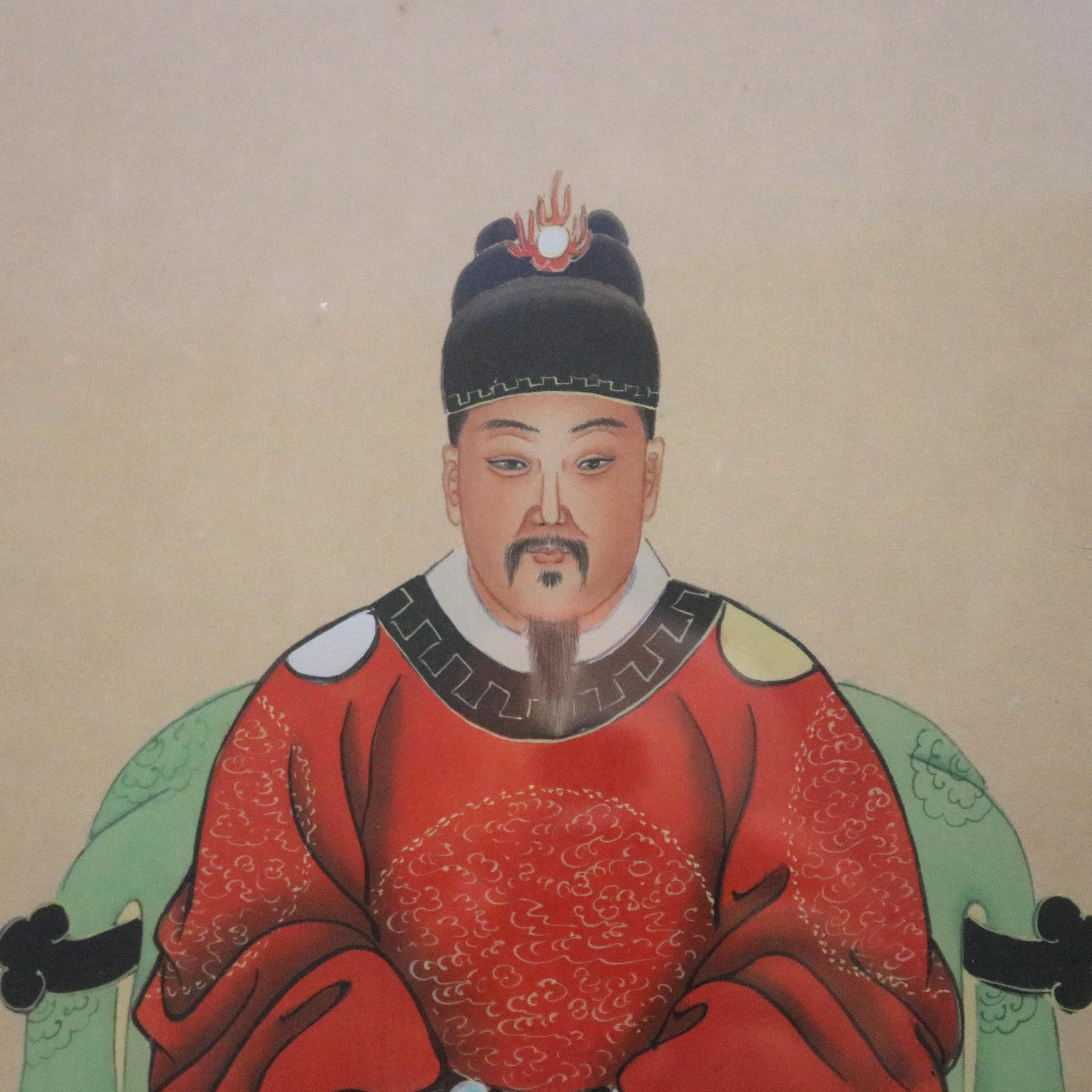 Framed Antique Chinese Ancestral Portrait Prints of Man and Woman, circa 1920 In Good Condition In Big Flats, NY
