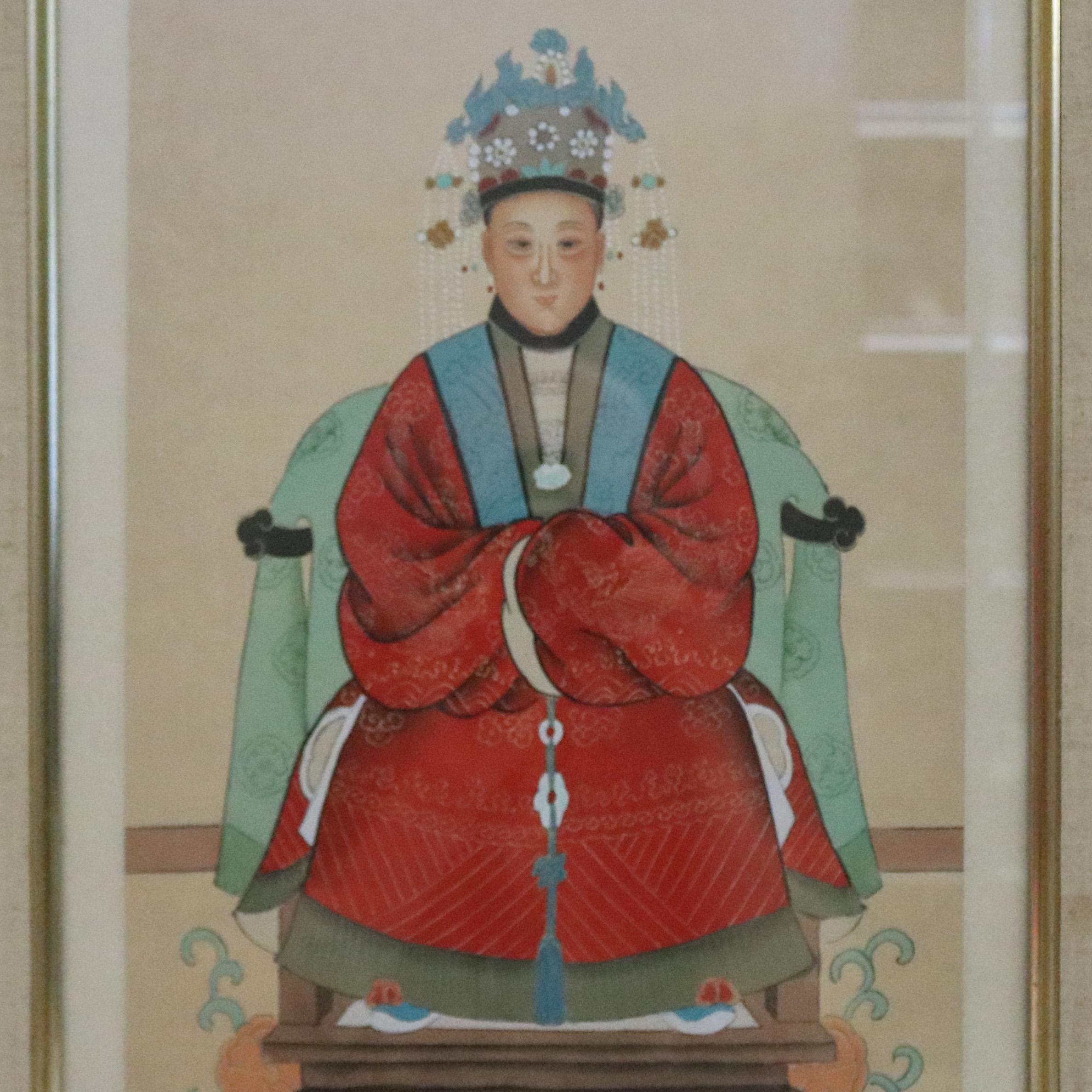 20th Century Framed Antique Chinese Ancestral Portrait Prints of Man and Woman, circa 1920