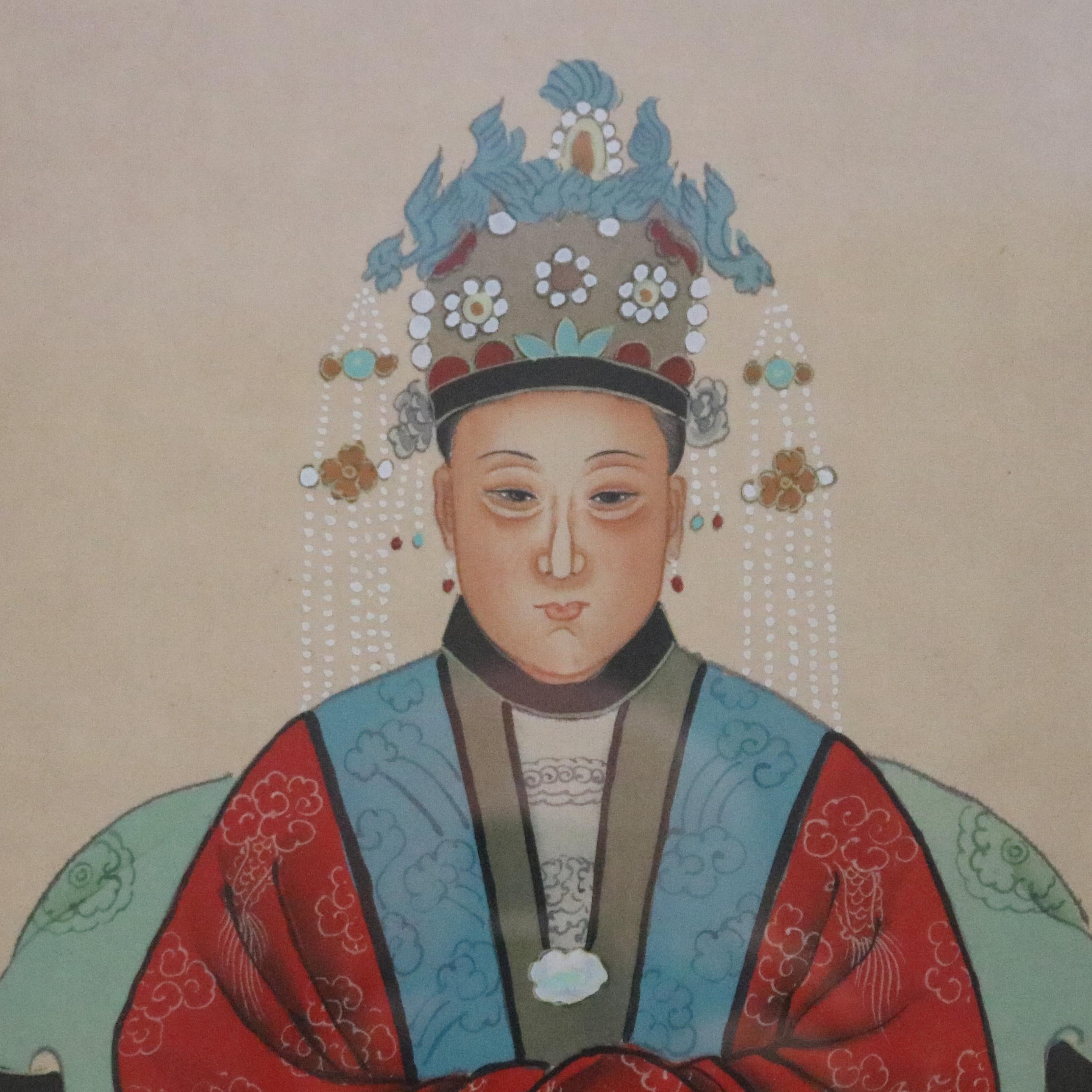 Glass Framed Antique Chinese Ancestral Portrait Prints of Man and Woman, circa 1920