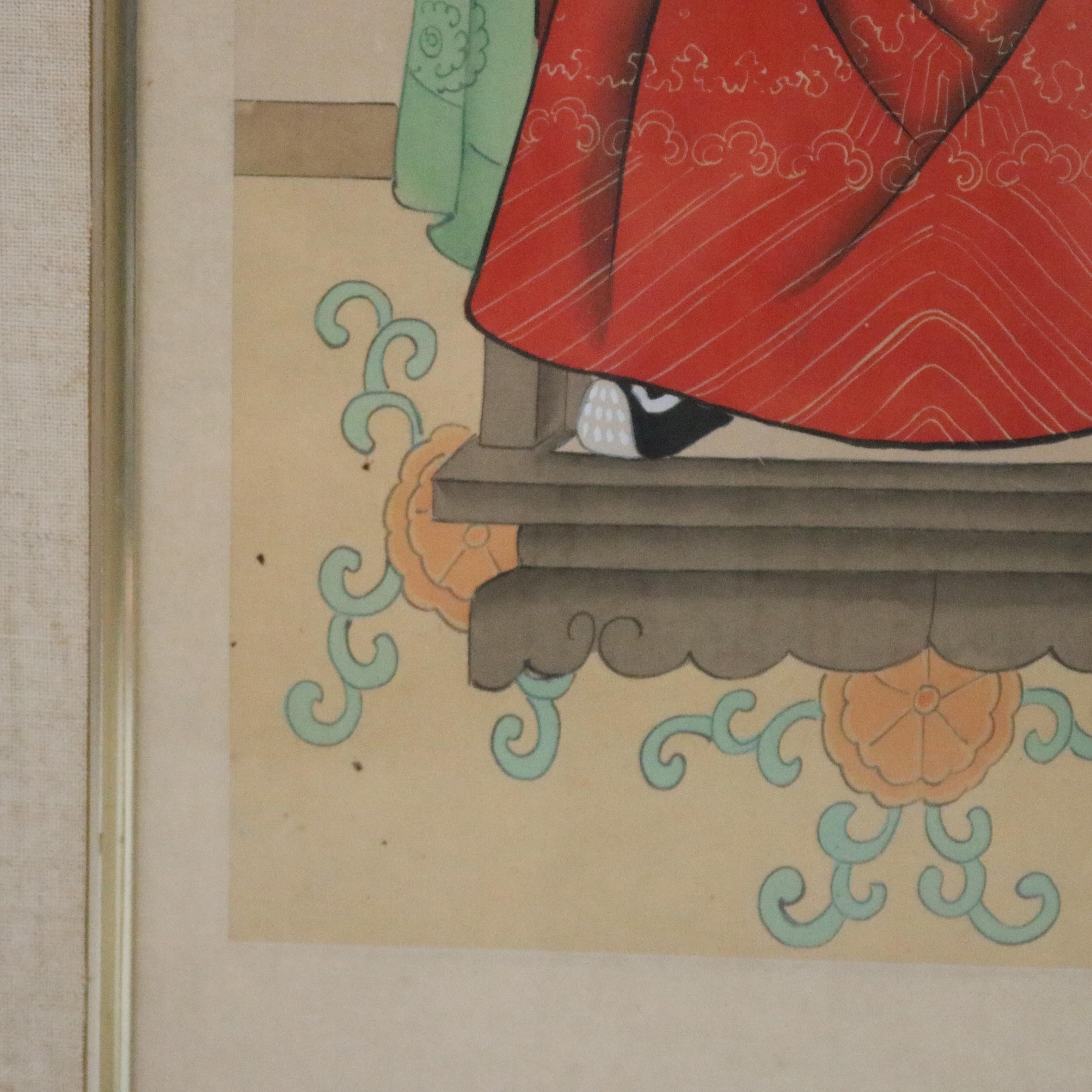 Framed Antique Chinese Ancestral Portrait Prints of Man and Woman, circa 1920 1