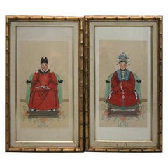 Framed Antique Chinese Ancestral Portrait Prints of Man and Woman, circa 1920