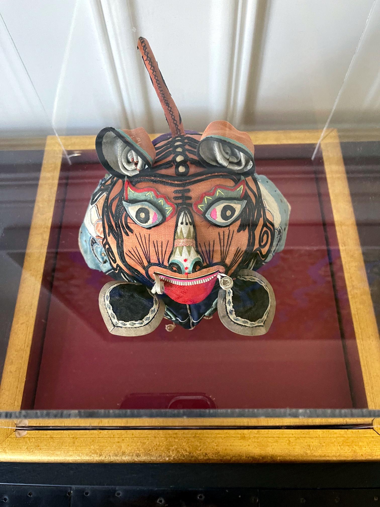 20th Century Framed Antique Chinese Child Tiger-Head Hat For Sale