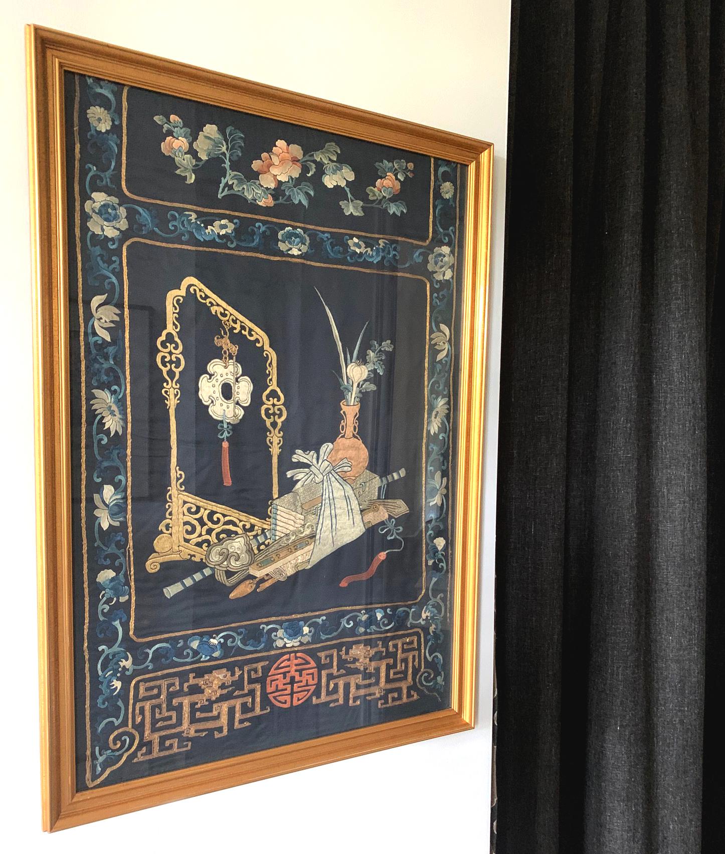 Framed Antique Chinese Embroidery Panel Qing Dynasty 5