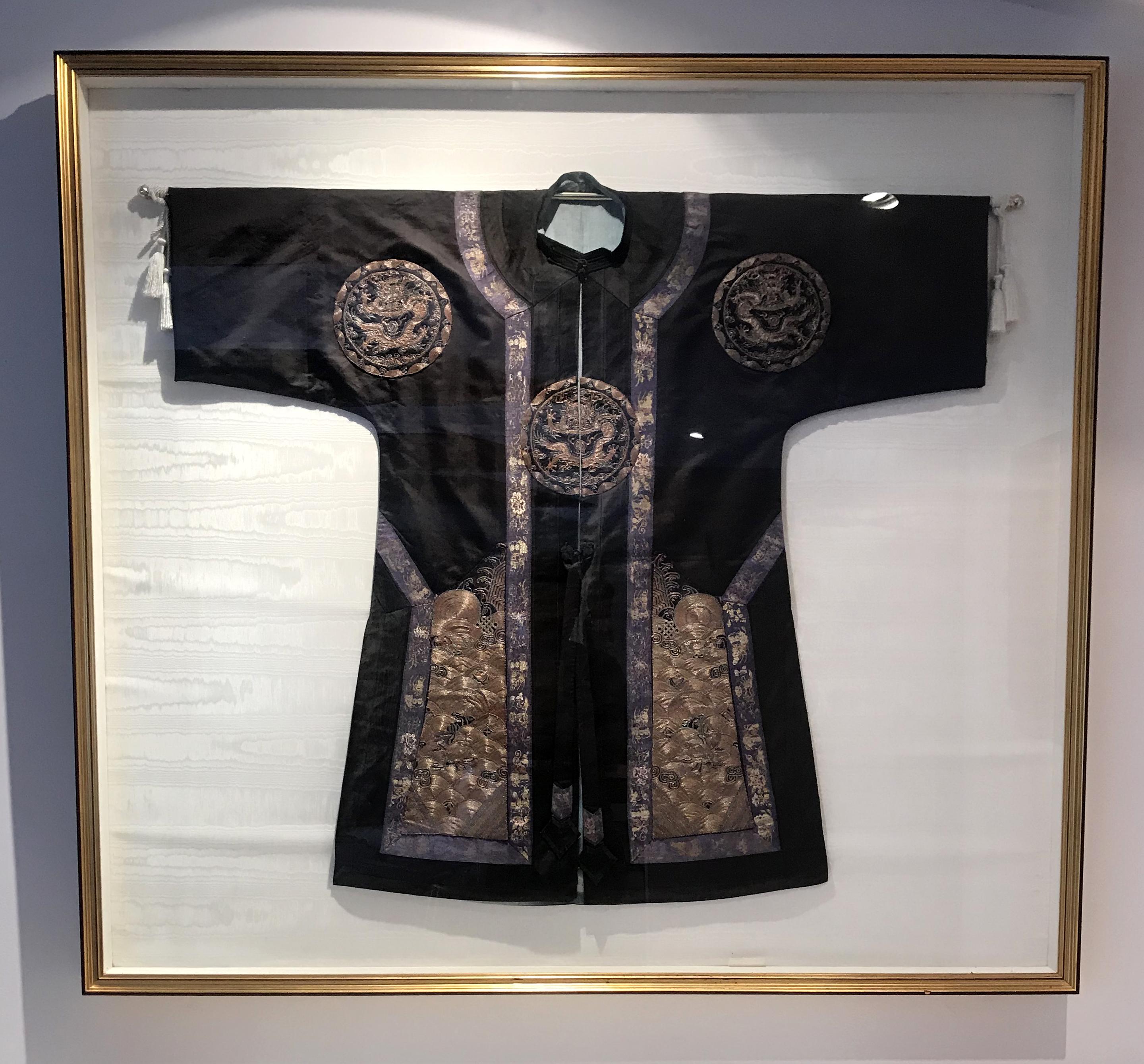 Metallic Thread Framed Antique Chinese Silk Robe with Dragon Roundel Design For Sale
