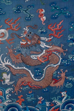 Framed Antique Chinese Imperial Blue Dragon Robe Silk Panel, Late Qing Dynasty