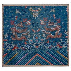 Framed Antique Chinese Imperial Blue Dragon Robe Silk Panel, Late Qing Dynasty