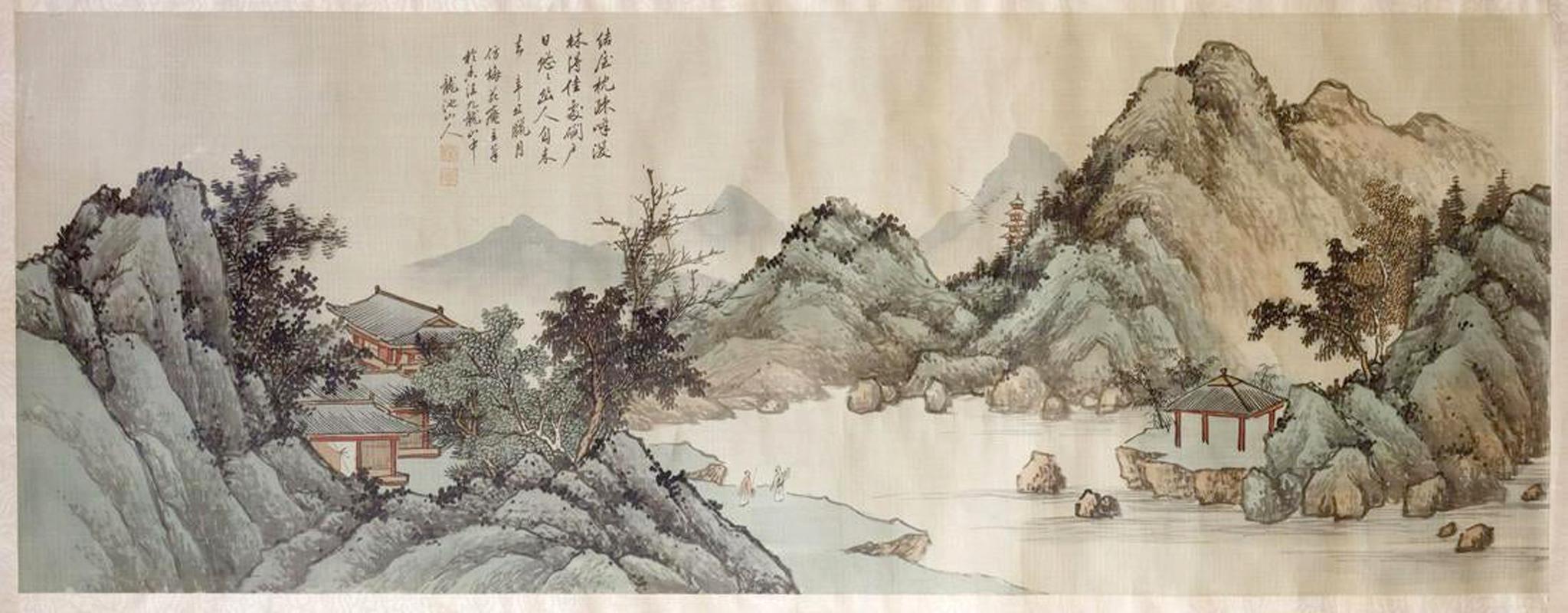 A Chinese horizontal landscape scroll painting in ink and watercolor by the well-known late Qing imperial painter Zhou QiaoNian (1873-1932), who signed his work with his literary name 