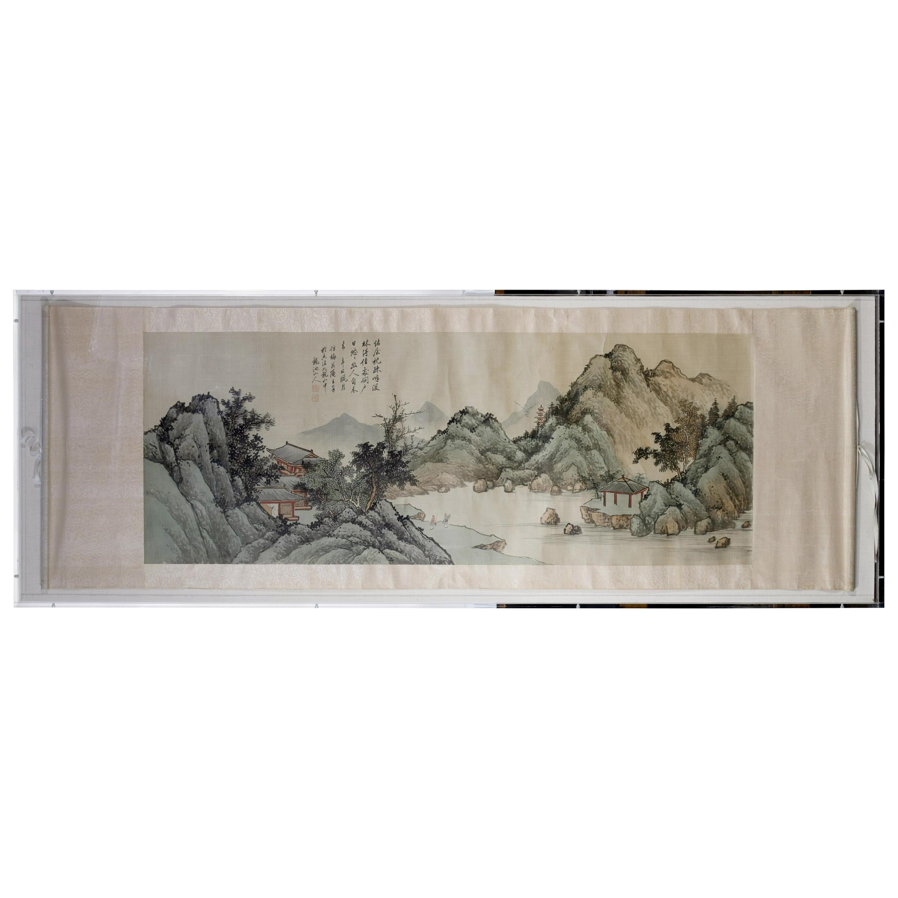 Framed Antique Chinese Landscape Ink Painting Zhou QiaoNian Qing Dynasty