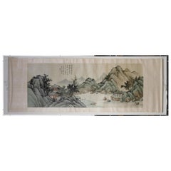 Paysage chinois ancien encadré peint à l'encre Zhou QiaoNian Dynastie Qing