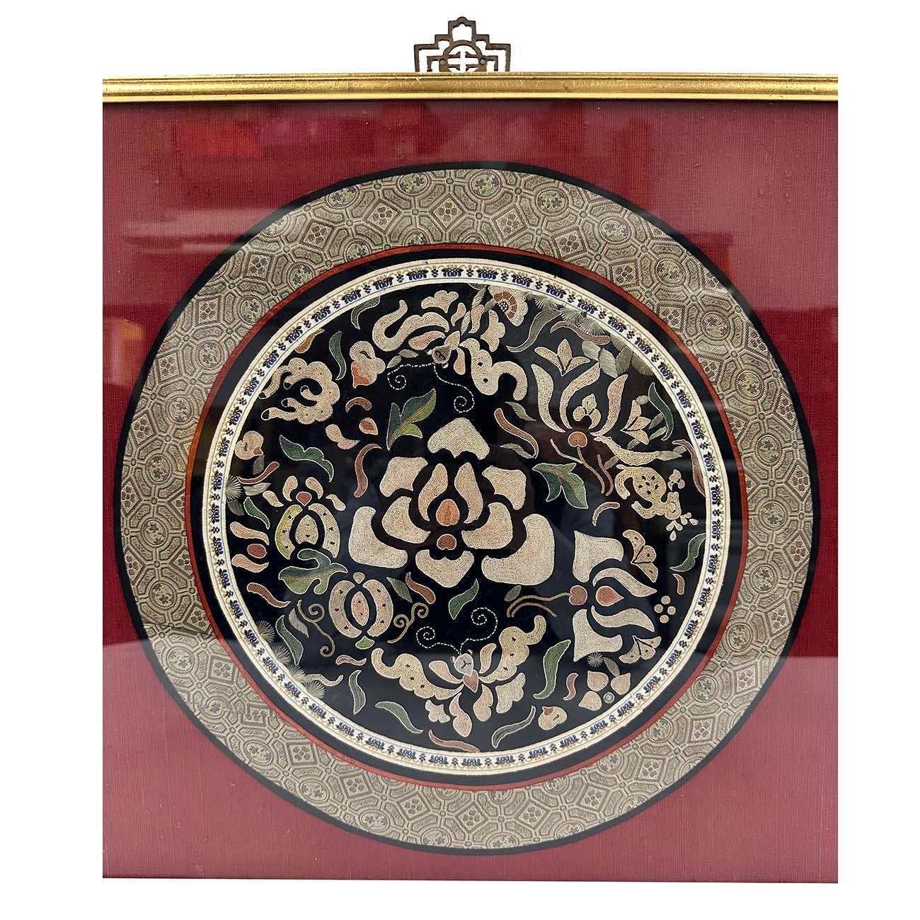 Originally purchased from Hong Kong, this Chinese antique embroidery presented in a museum quality.  This textile was a roundel design likely from the center front of a noble woman's robe and it is dated to late Qing dynasty, circa late 19th century