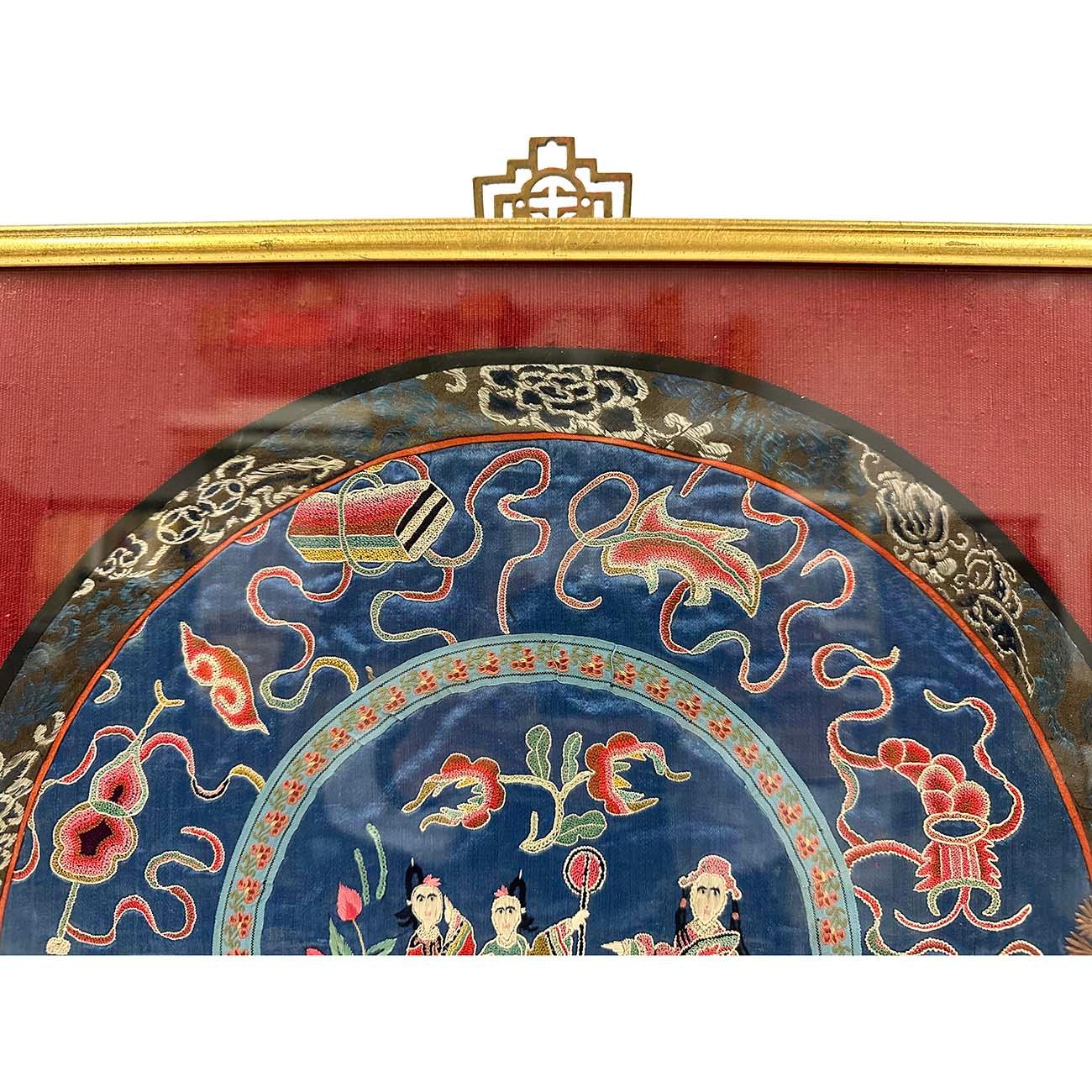 Originally purchased from Hong Kong, this Chinese antique embroidery presented in a museum quality.  This textile was a roundel design likely from the center front of a noble woman's robe and it is dated to late Qing dynasty, circa late 19th century